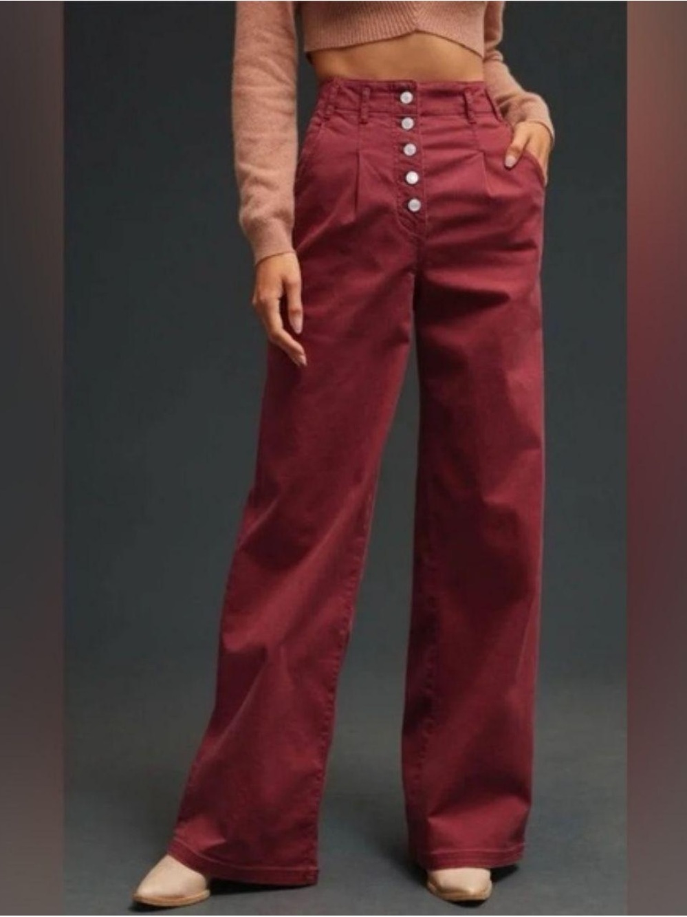 *MAEVE* Anthropologie Burgundy High-Rise Wide-Leg Button-Front Pants Size 32 T